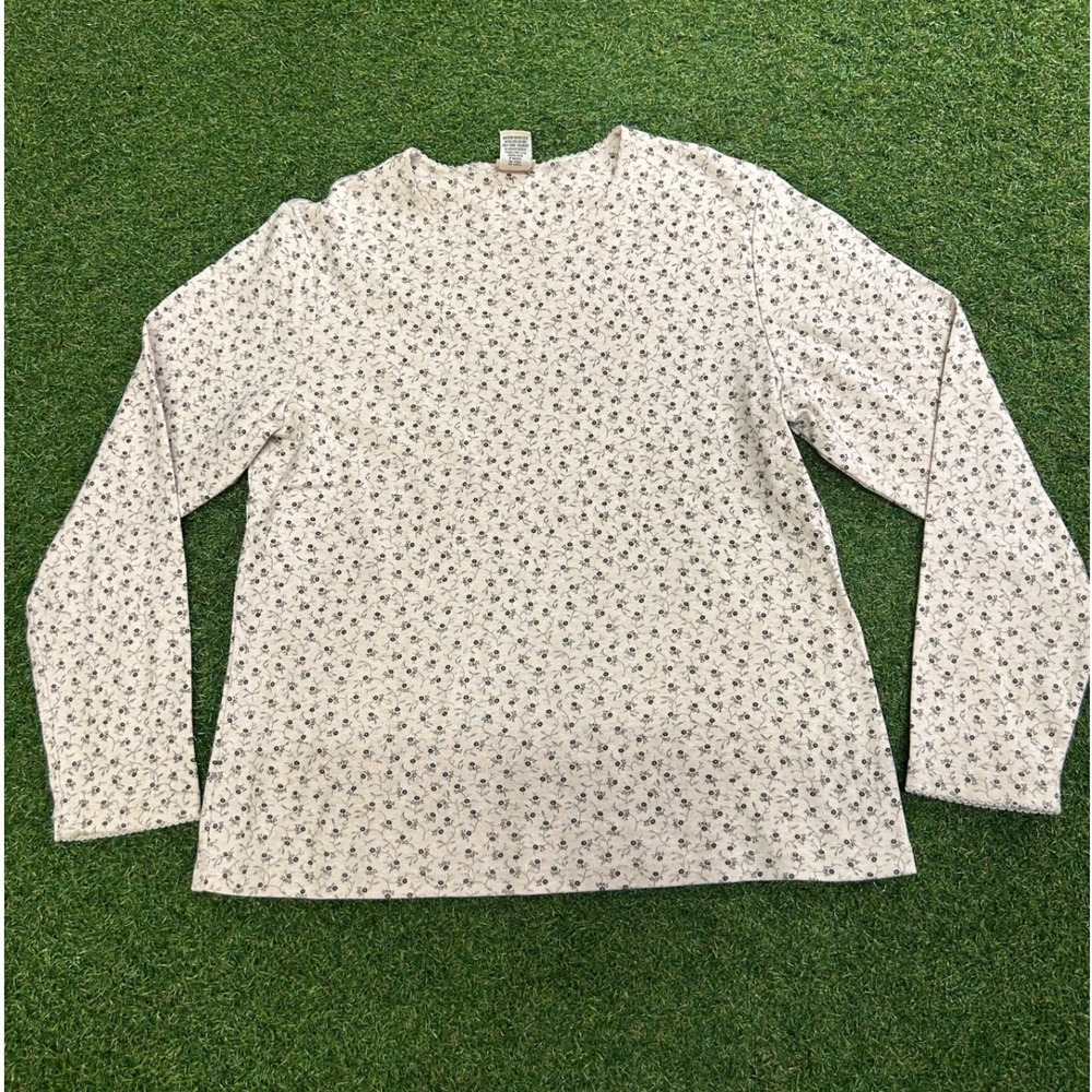 LL Bean Womens M Floral Ribbed Knit Long Sleeve Cotton Top Cream Tan WH92